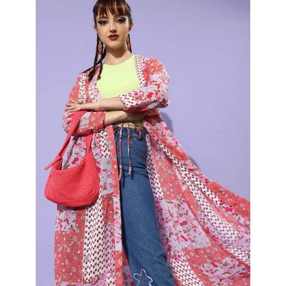 Generic Women's Polyester Floral Long Sleeves Shrug (Pink-Coral)