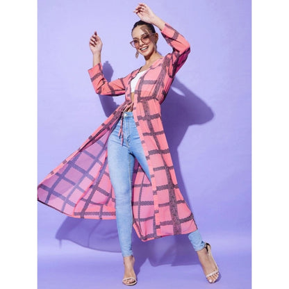 Generic Women's Polyester Check Long Sleeves Shrug (Pink)