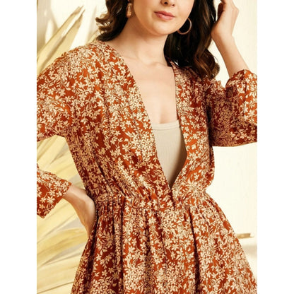 Generic Women's Polyester Floral Long Sleeves Shrug (Brown)