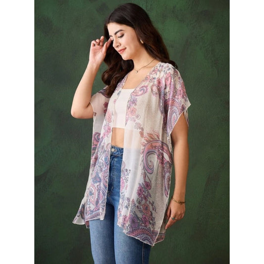 Generic Women's Chiffon Printed Short Sleeves Shrug (White - Purple)