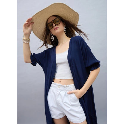 Generic Women's Rayon Crepe Lace Inserts 3-4th Sleeve Shrug (Navy)