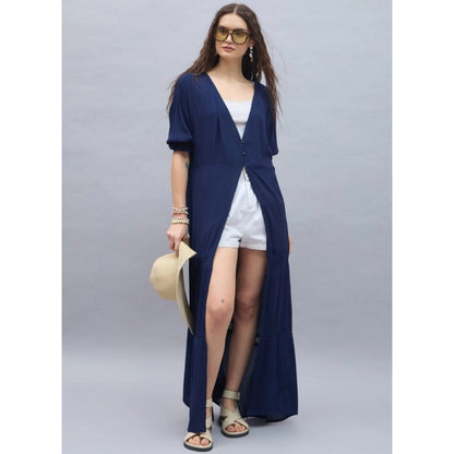 Generic Women's Rayon Crepe Lace Inserts 3-4th Sleeve Shrug (Navy)