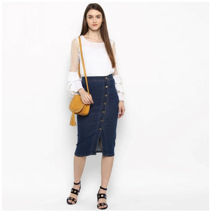 Generic Women's Denim Front Button Buttoned Skirt (Blue)