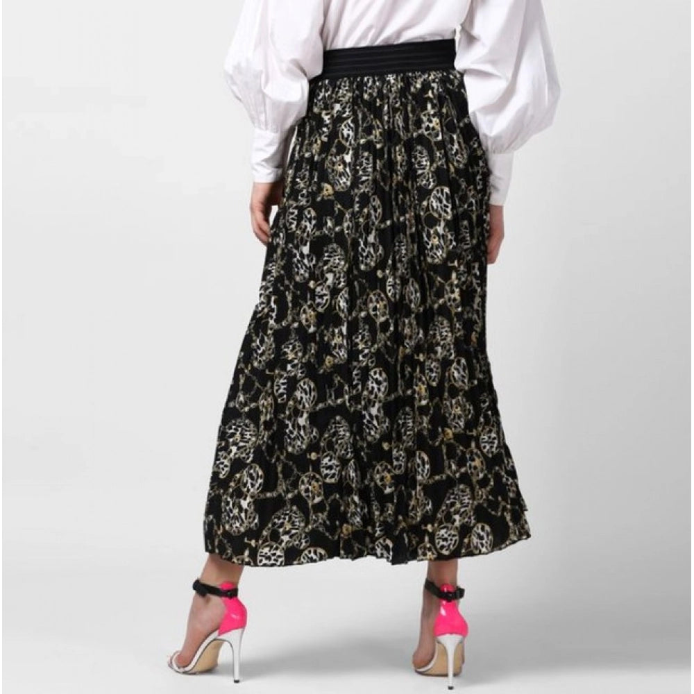 Generic Women's Georgette Chain Print Elasticated Skirt (Black-Cream)