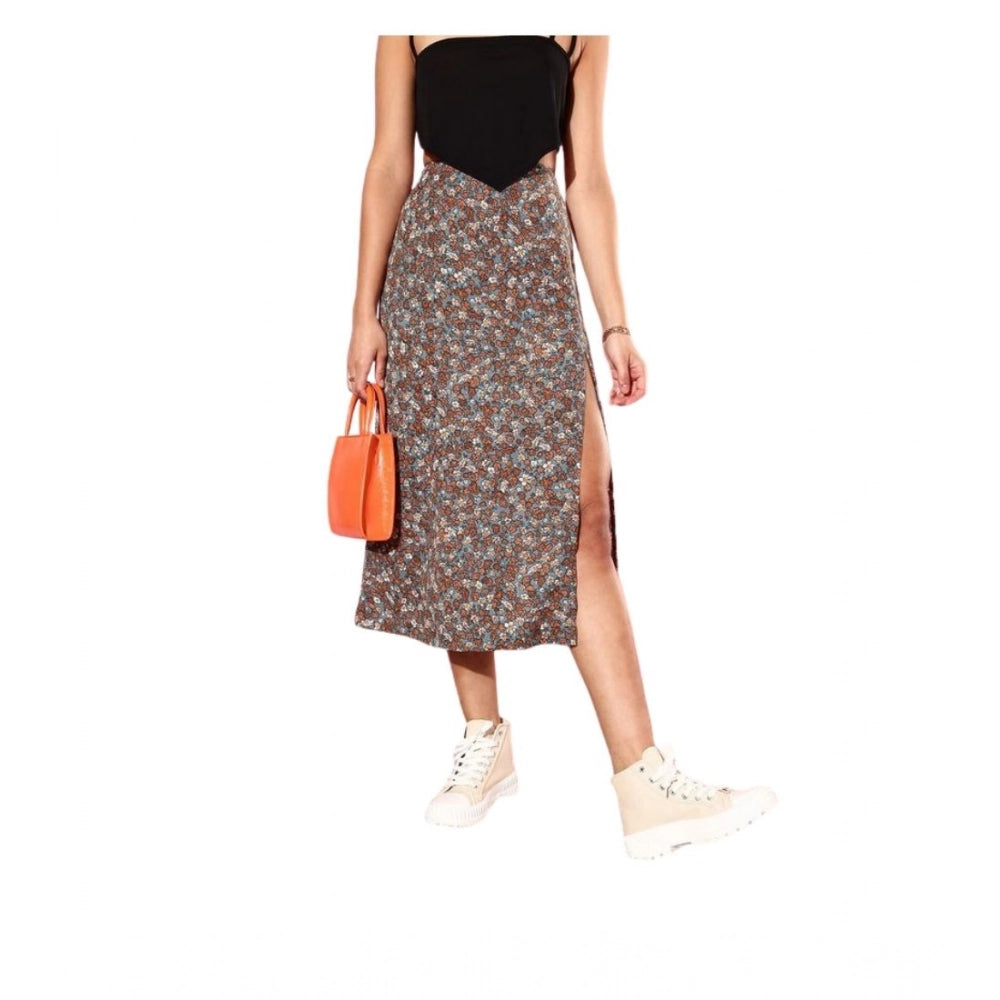 Generic Women's Polyester Floral Side Zip Skirt (Grey - Coral)