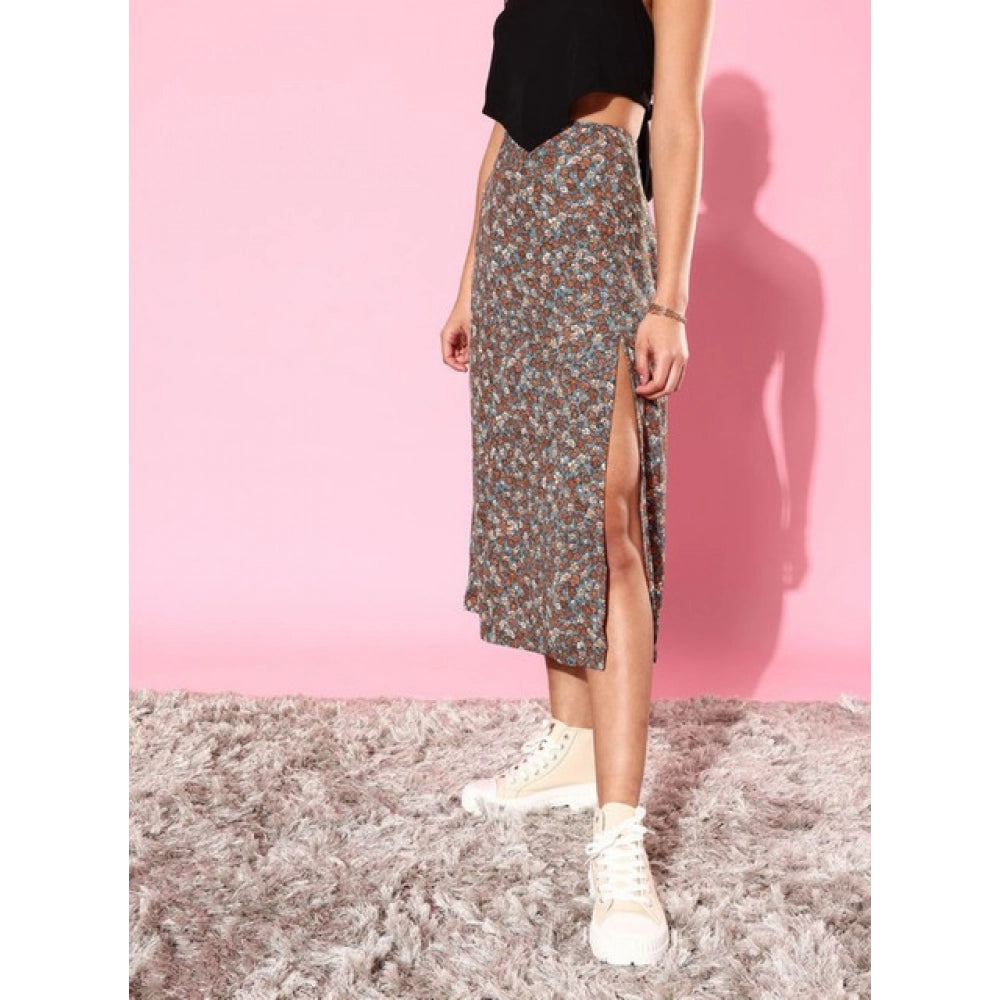 Generic Women's Polyester Floral Side Zip Skirt (Grey - Coral)