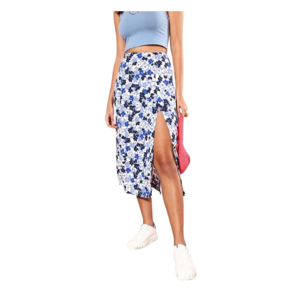 Generic Women's Polyester Floral Side Zip Skirt (Blue - White)