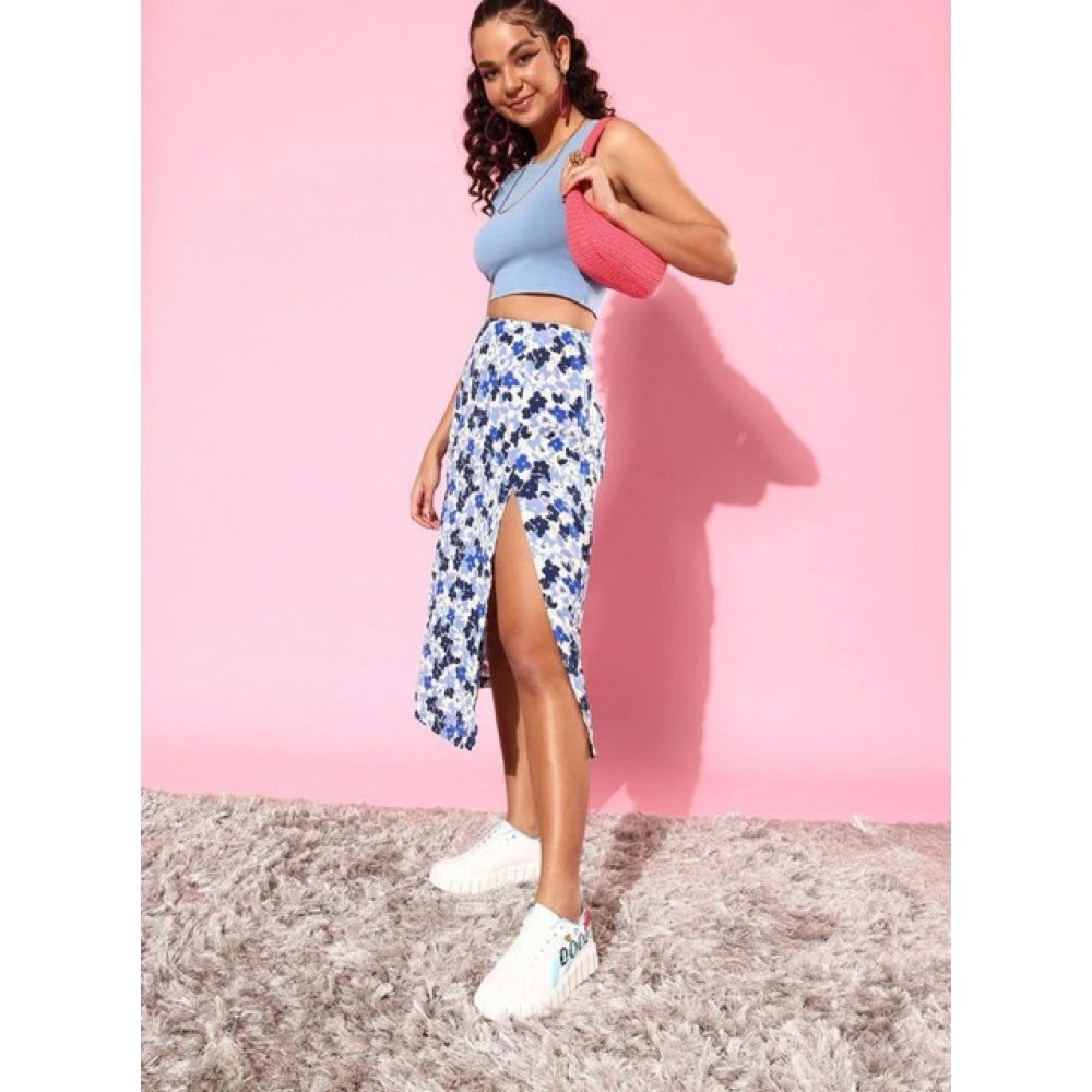 Generic Women's Polyester Floral Side Zip Skirt (Blue - White)