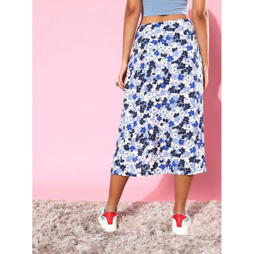 Generic Women's Polyester Floral Side Zip Skirt (Blue - White)