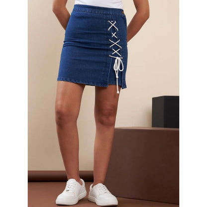 Generic Women's Denim Lycra Solid Button Skirt (Blue)