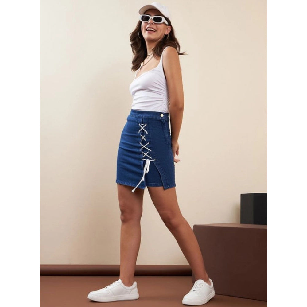 Generic Women's Denim Lycra Solid Button Skirt (Blue)
