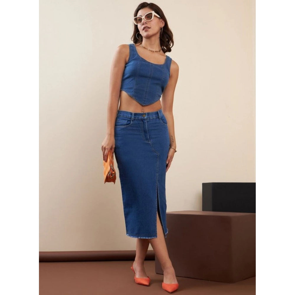Generic Women's Denim Lycra Solid Button Skirt (Blue)