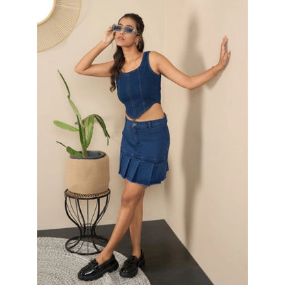 Generic Women's Denim Washed Buttoned Skirt (Blue)
