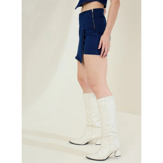 Generic Women's Denim Lycra Solid Zip Closure Skorts (Navy)