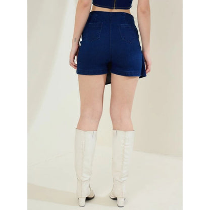 Generic Women's Denim Lycra Solid Zip Closure Skorts (Navy)