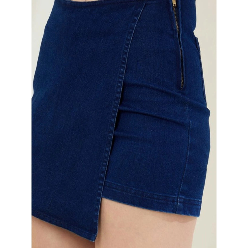 Generic Women's Denim Lycra Solid Zip Closure Skorts (Navy)