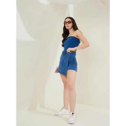 Generic Women's Denim Lycra Solid Zip Closure Skorts (Blue)