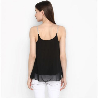Generic Women's Polyester Embellished Shoulder Straps Top (Black)