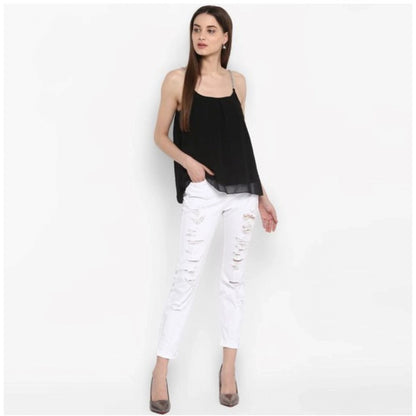Generic Women's Polyester Embellished Shoulder Straps Top (Black)