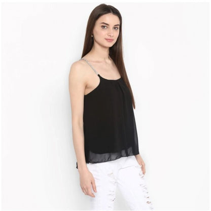 Generic Women's Polyester Embellished Shoulder Straps Top (Black)