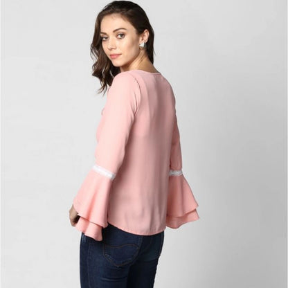 Generic Women's Polyester Solid Bell Sleeve Top (Pink)