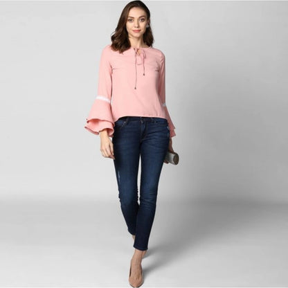 Generic Women's Polyester Solid Bell Sleeve Top (Pink)