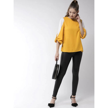 Generic Women's Polyester Colour Block Slit Sleeve Top (Yellow-White)