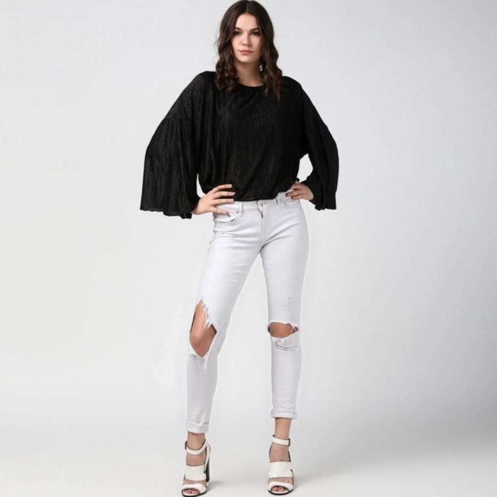 Generic Women's Polyester Pleated Balloon Sleeve Top (Black)