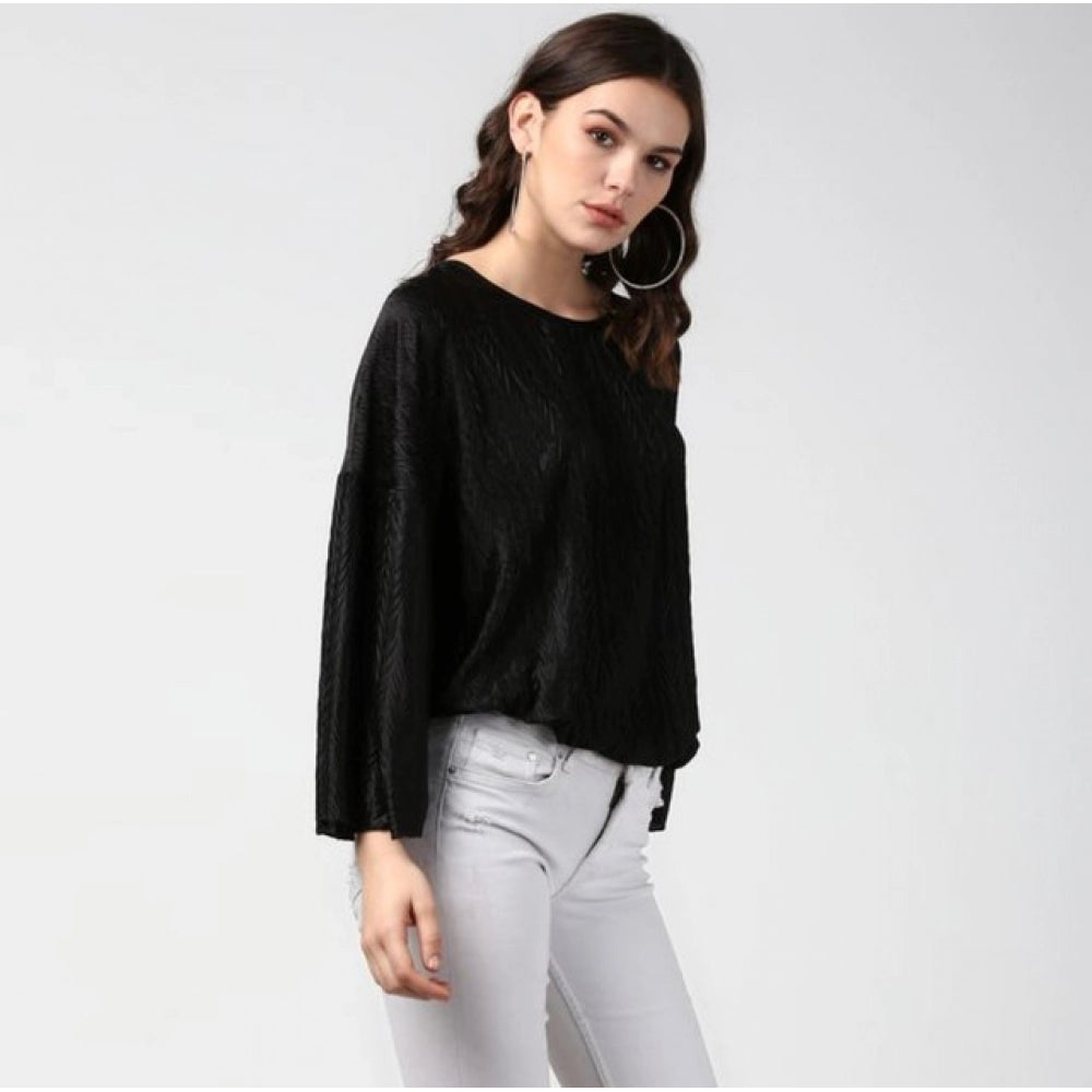 Generic Women's Polyester Pleated Balloon Sleeve Top (Black)