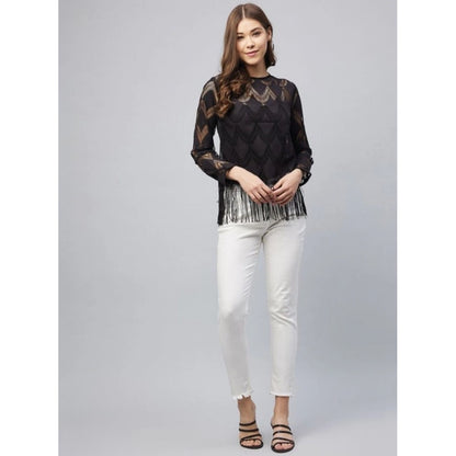Generic Women's Lace Self Design Short Sleeve Top (Black)