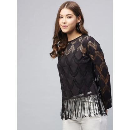 Generic Women's Lace Self Design Short Sleeve Top (Black)