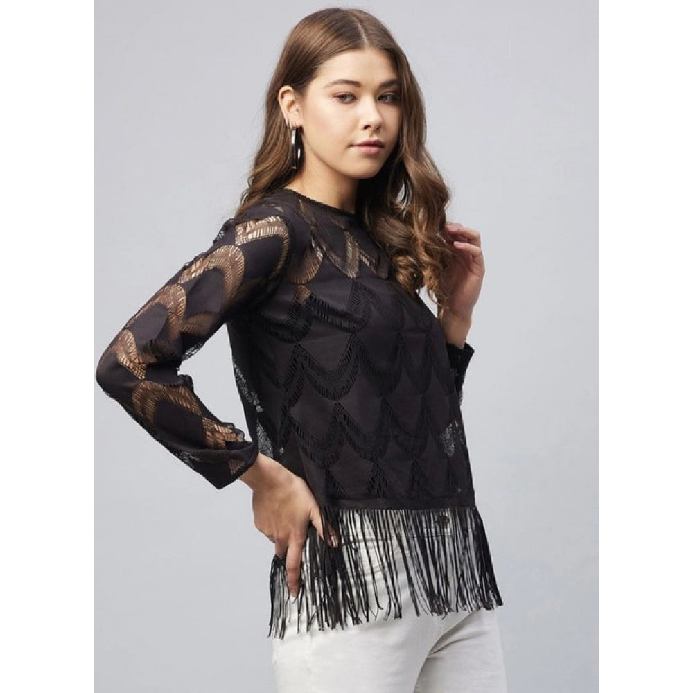 Generic Women's Lace Self Design Short Sleeve Top (Black)