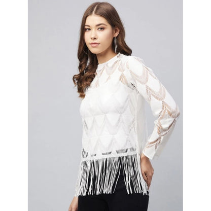 Generic Women's Lace Self Design Short Sleeve Top (White)