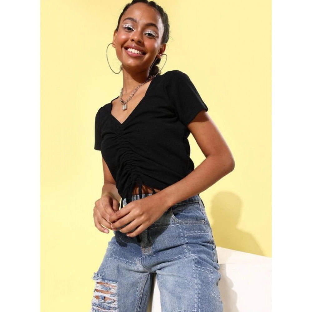 Generic Women's Polyester Lycra Solid Short Sleeve Top (Black)