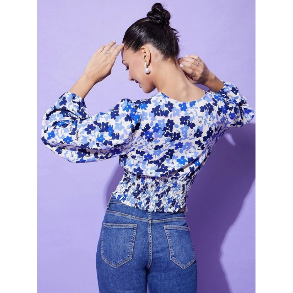Generic Women's Polyester Floral Long Sleeves Top (Blue)