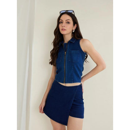 Generic Women's Denim Lycra Solid Sleeveless Top (Blue)