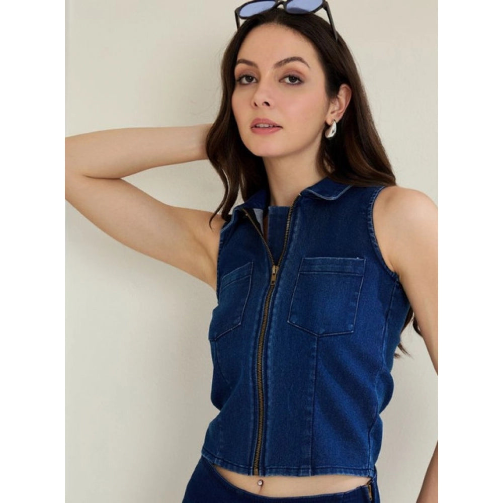 Generic Women's Denim Lycra Solid Sleeveless Top (Blue)