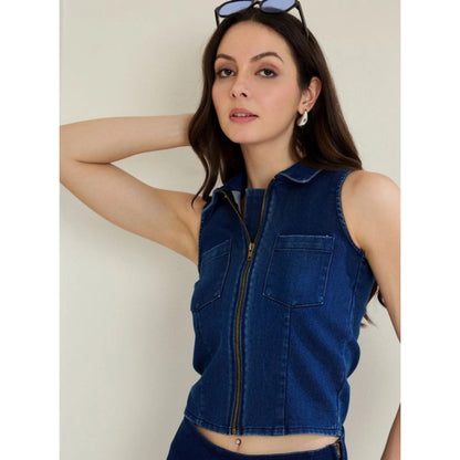 Generic Women's Denim Lycra Solid Sleeveless Top (Blue)