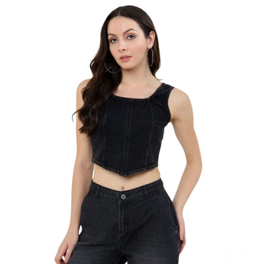 Generic Women's Denim Lycra Solid Sleeveless Top (Black)