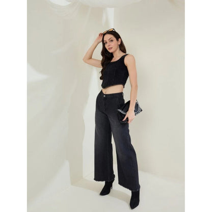 Generic Women's Denim Lycra Solid Sleeveless Top (Black)