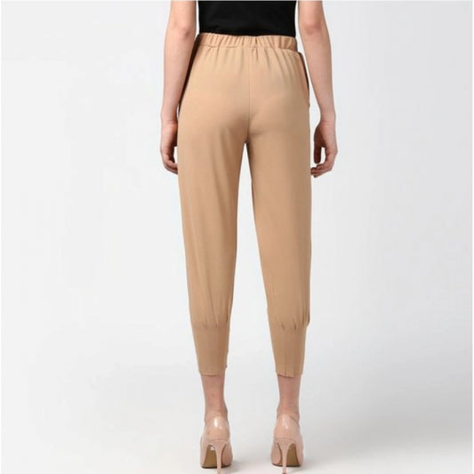 Generic Women's Polyester Solid Elasticated Trousers (Beige)