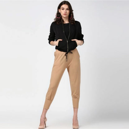 Generic Women's Polyester Solid Elasticated Trousers (Beige)