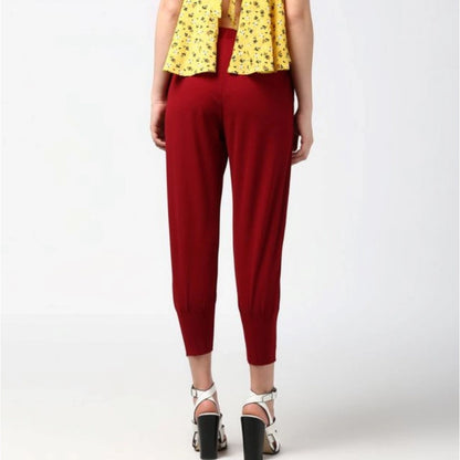Generic Women's Polyester Solid Elasticated Trousers (Maroon)