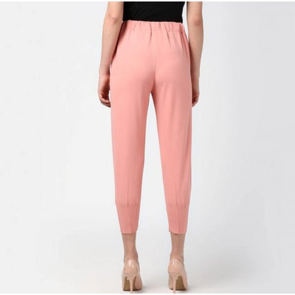 Generic Women's Polyester Solid Elasticated Trousers (Pink)