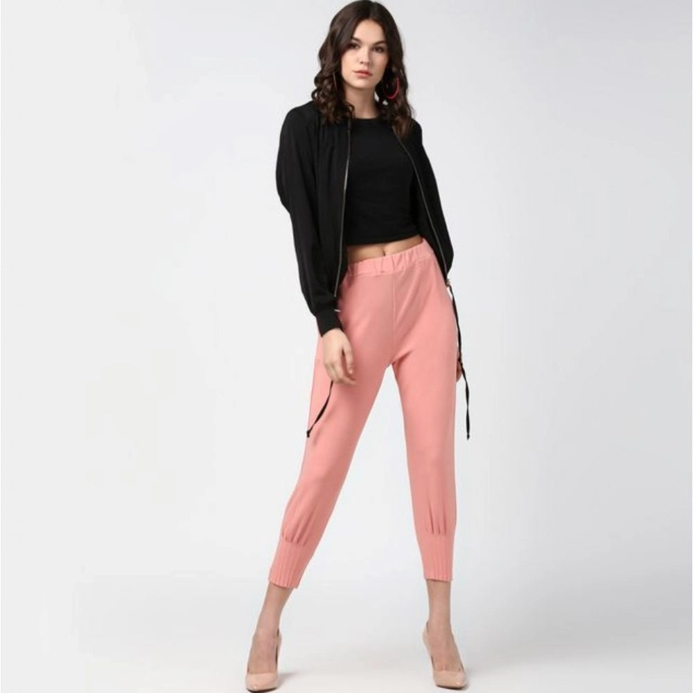 Generic Women's Polyester Solid Elasticated Trousers (Pink)