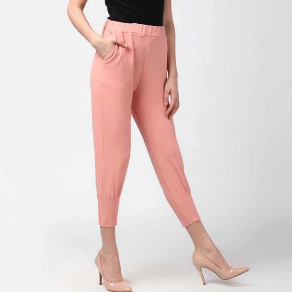 Generic Women's Polyester Solid Elasticated Trousers (Pink)