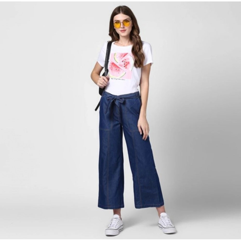 Generic Women's Denim Solid Elasticated Trousers (Blue)