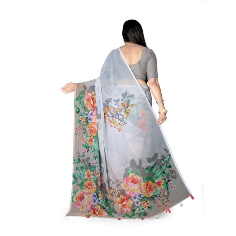 Generic Women's Georgette Floral Printed Saree With Unstitched Blouse 5.5Mtr (Grey)