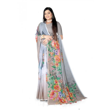 Generic Women's Georgette Floral Printed Saree With Unstitched Blouse 5.5Mtr (Grey)
