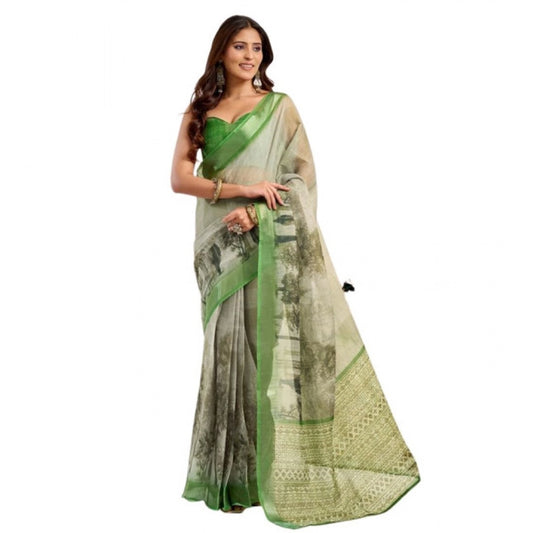 Generic Women's Faux Linen Printed Ready to wear Saree With Unstitched Blouse 5.5Mtr (Light_Green)